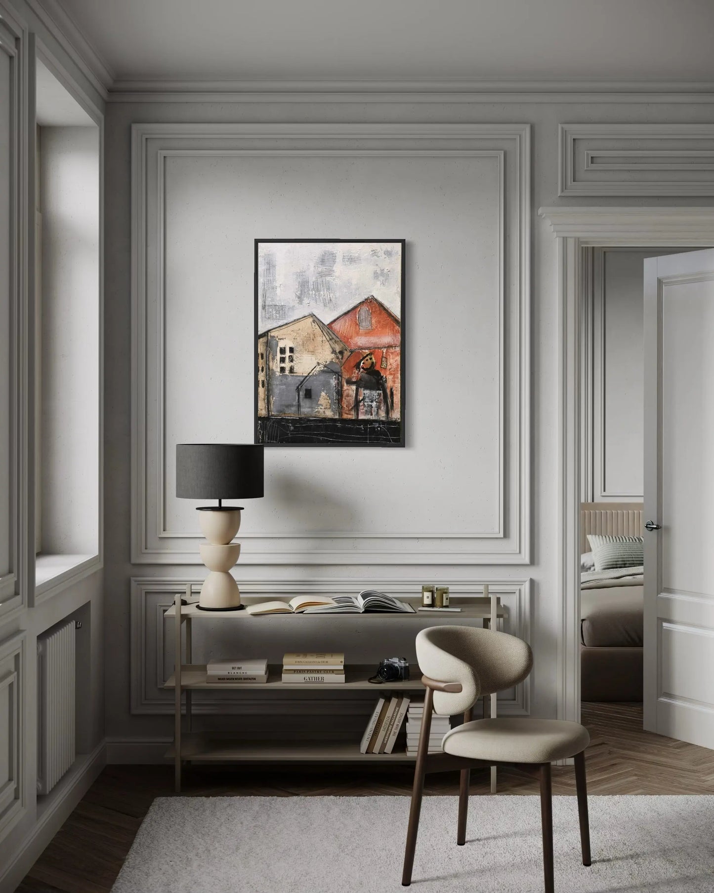 Dalla, Untitled. Modern interior with a desk, chair, and abstract wall art depicting houses in a stylish room.