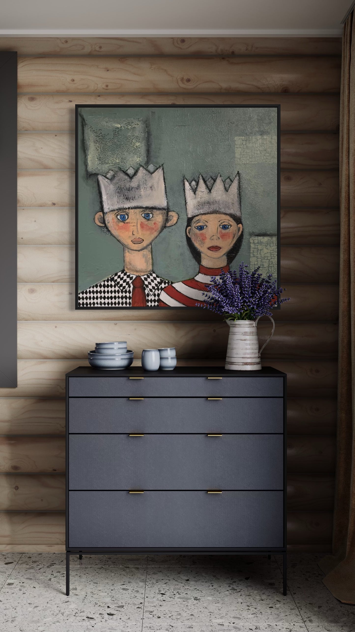 Dalla, Untitled. An acrylic painting. Two people depicted with crowns and multi coloured patterned clothes hanging above a grey dresser.