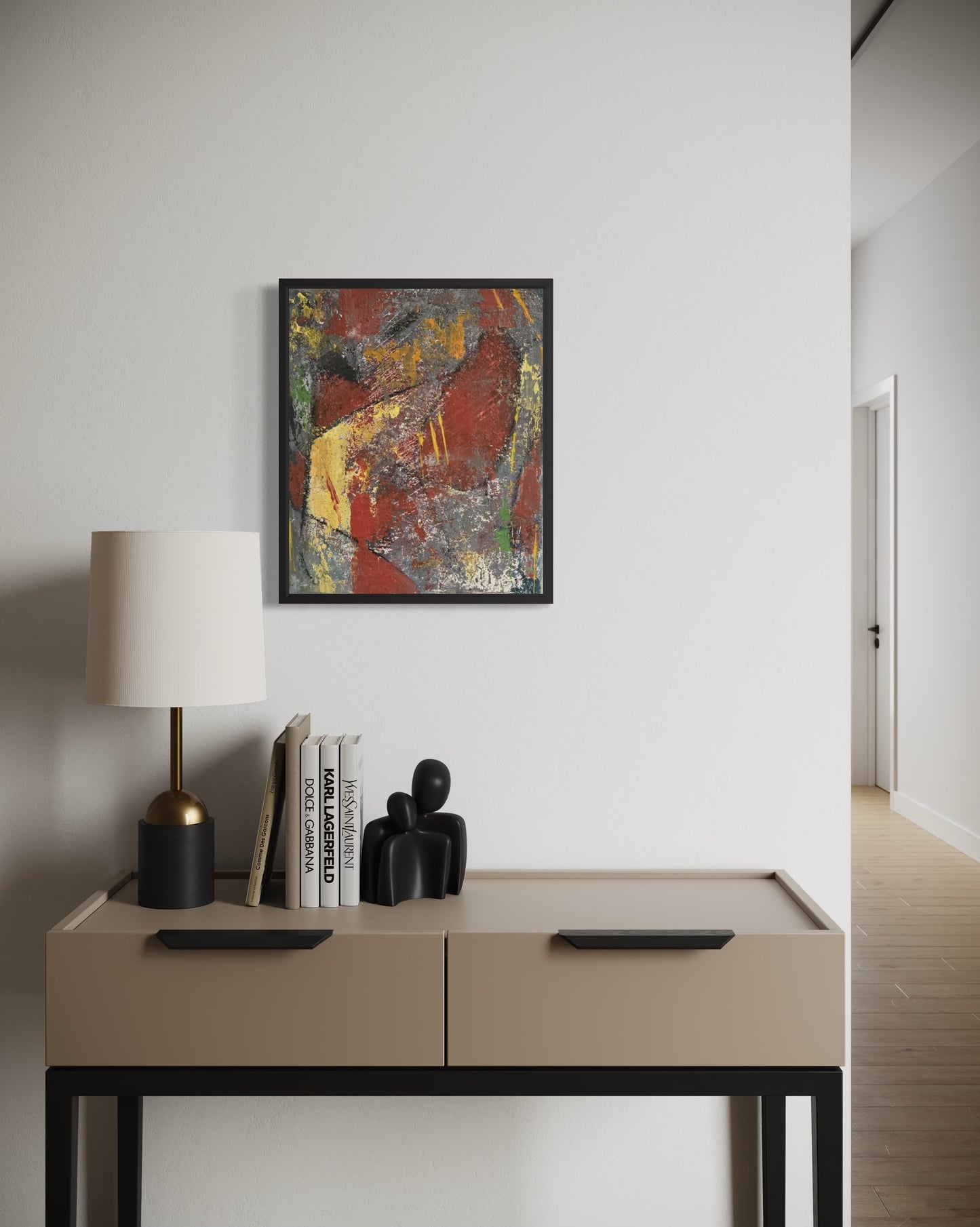 Dalla myndlist, Untitled. Modern interior with a beige side table, lamp, books, and abstract painting on a white wall.