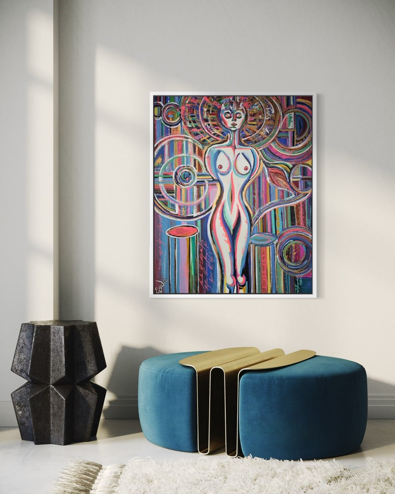 Colorful abstract painting of a nude figure on a wall above a blue ottoman and black sculpture.