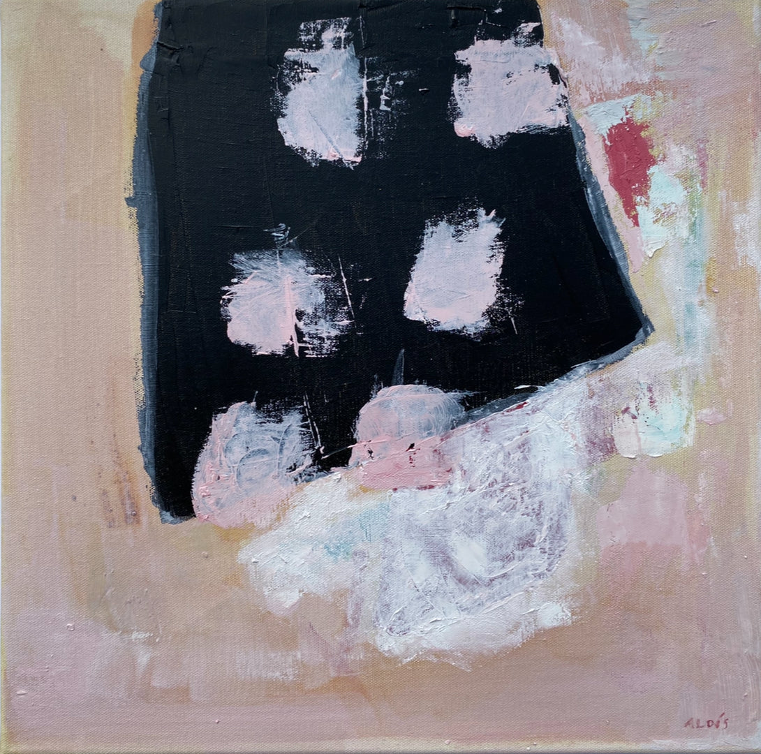 Abstract painting with black, white, and pink colors on a beige background