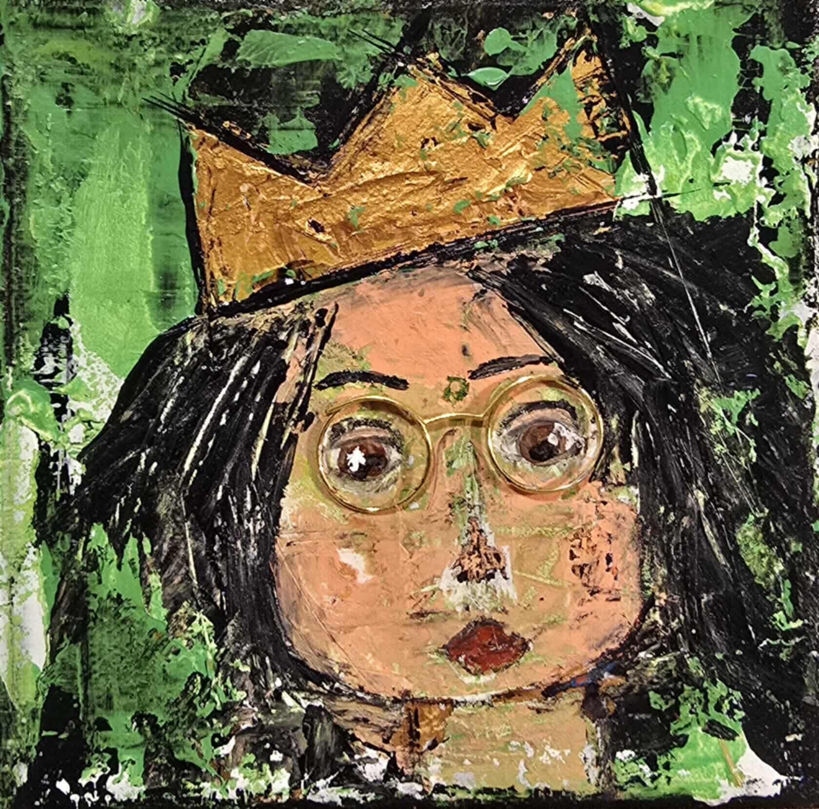 Dalla myndlist, Untitled. Artistic depiction of a person with a gold crown and glasses on a textured green background