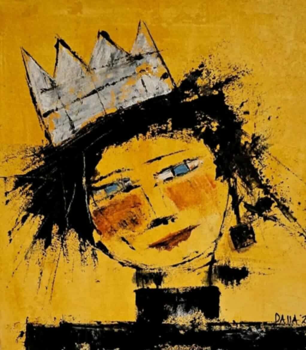 Dalla myndlist, Untitled. Abstract artwork of a face with a crown on a yellow background