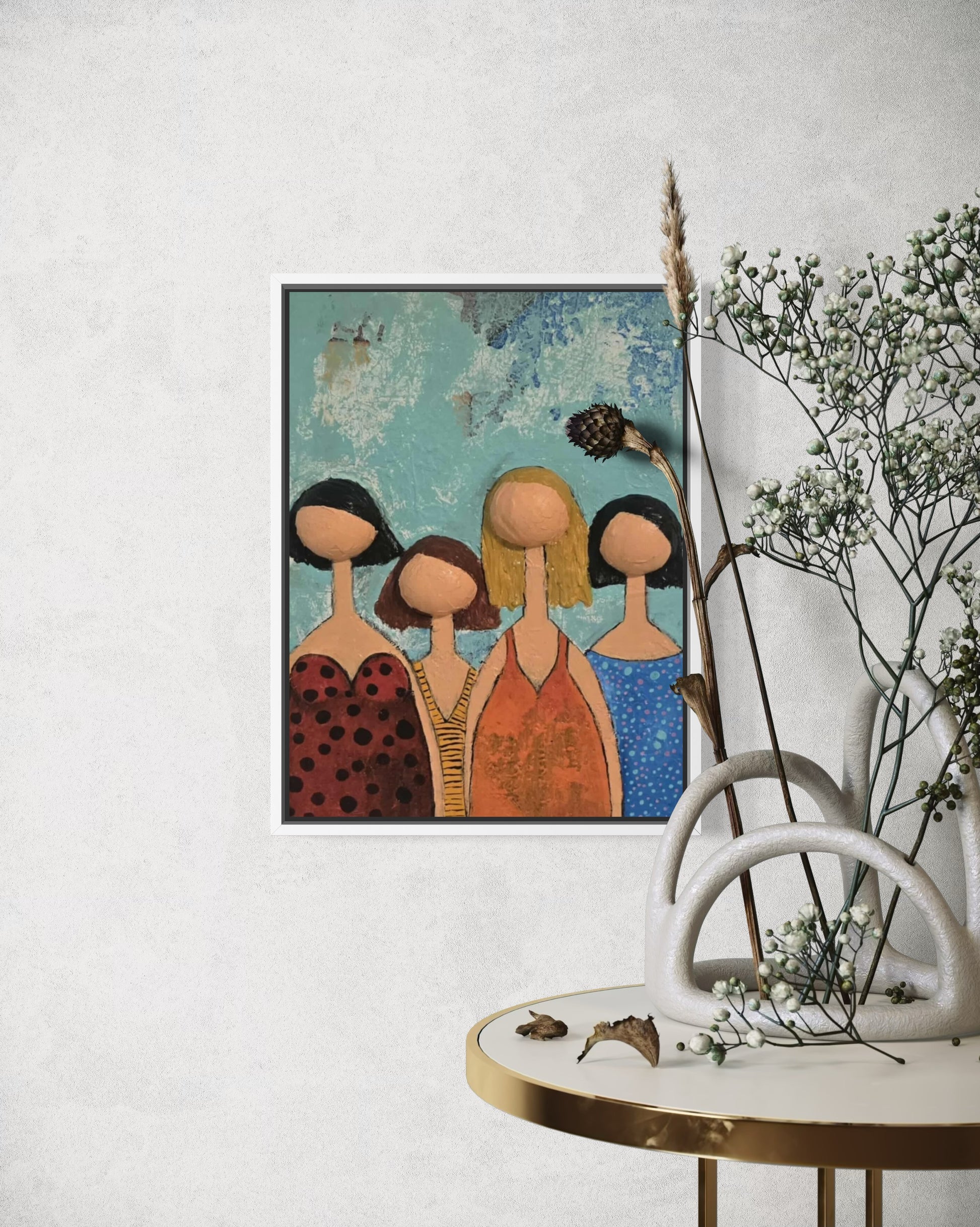 Dalla myndlist, Untitled. Abstract painting of four stylized figures on a white wall with a decorative table and plant. 