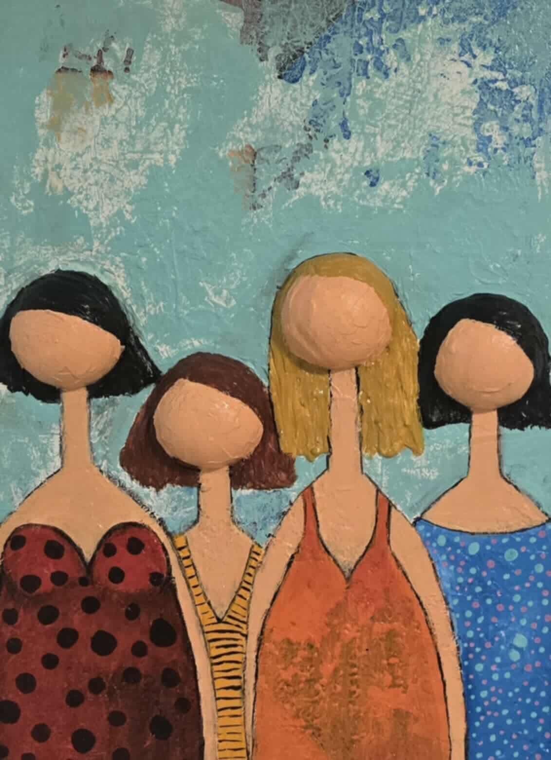 Dalla, Untitled. Artistic depiction of four stylized figures with different hairstyles and colorful outfits against a textured blue background.