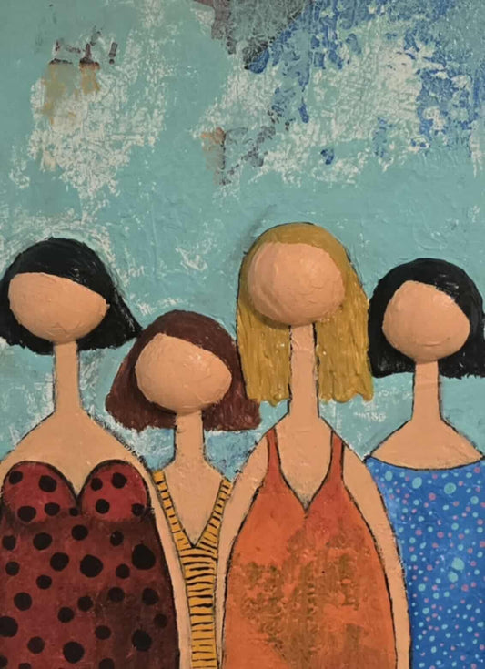 Dalla, Untitled. Artistic depiction of four stylized figures with different hairstyles and colorful outfits against a textured blue background.