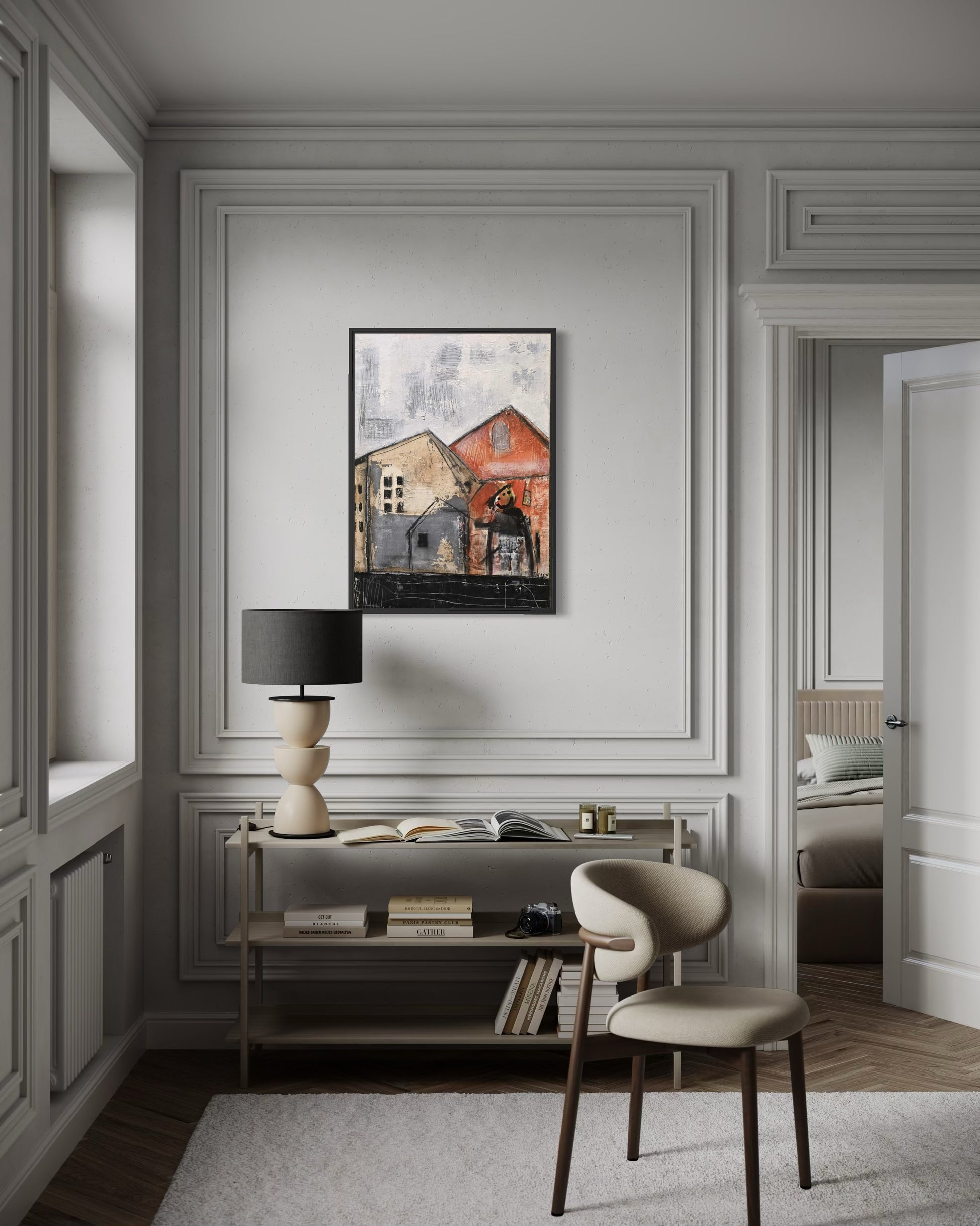 Dalla, Untitled. Modern interior with a desk, chair, and abstract wall art depicting houses in a stylish room.