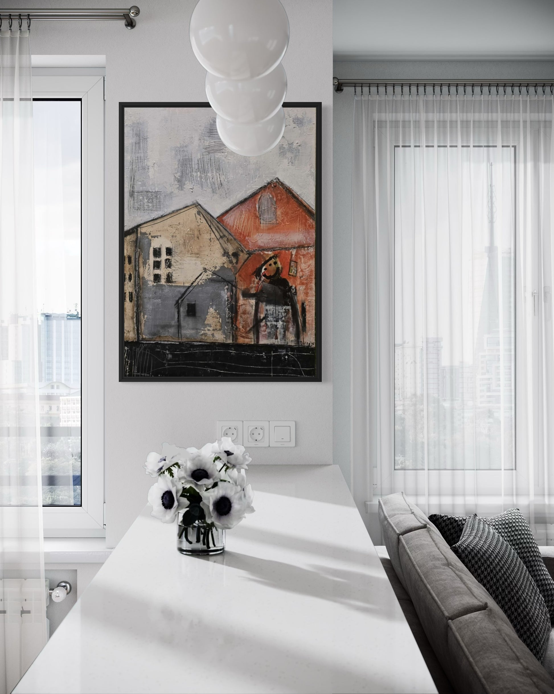 Dalla, Untitled. Modern living room with an abstract painting on the wall depicting houses and a man holding an umbrella. White table, and sofa.