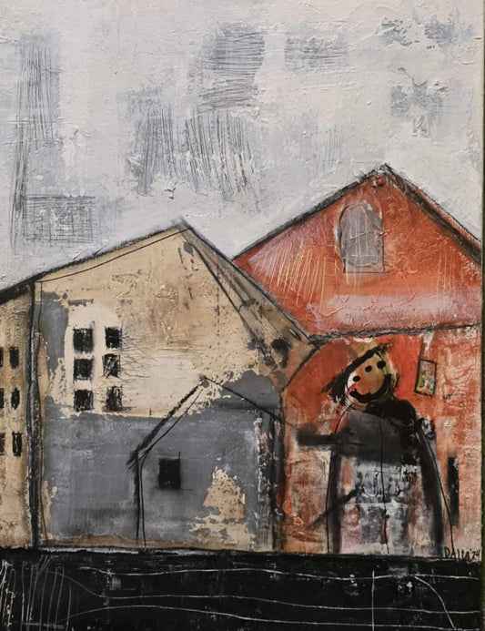 Dalla, Untitled. Abstract artwork with houses and a person holding an umbrella
