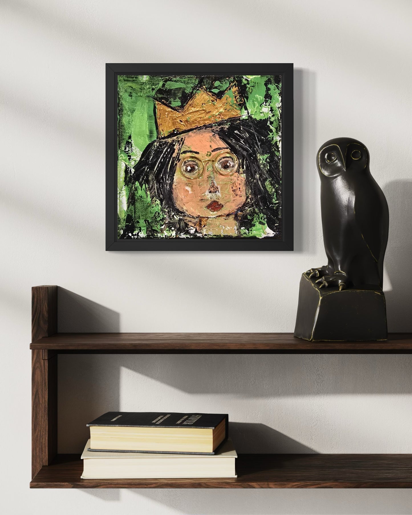 Dalla myndlist, Untitled. Framed abstract artwork on a wall above a wooden shelf with books and a sculpture.