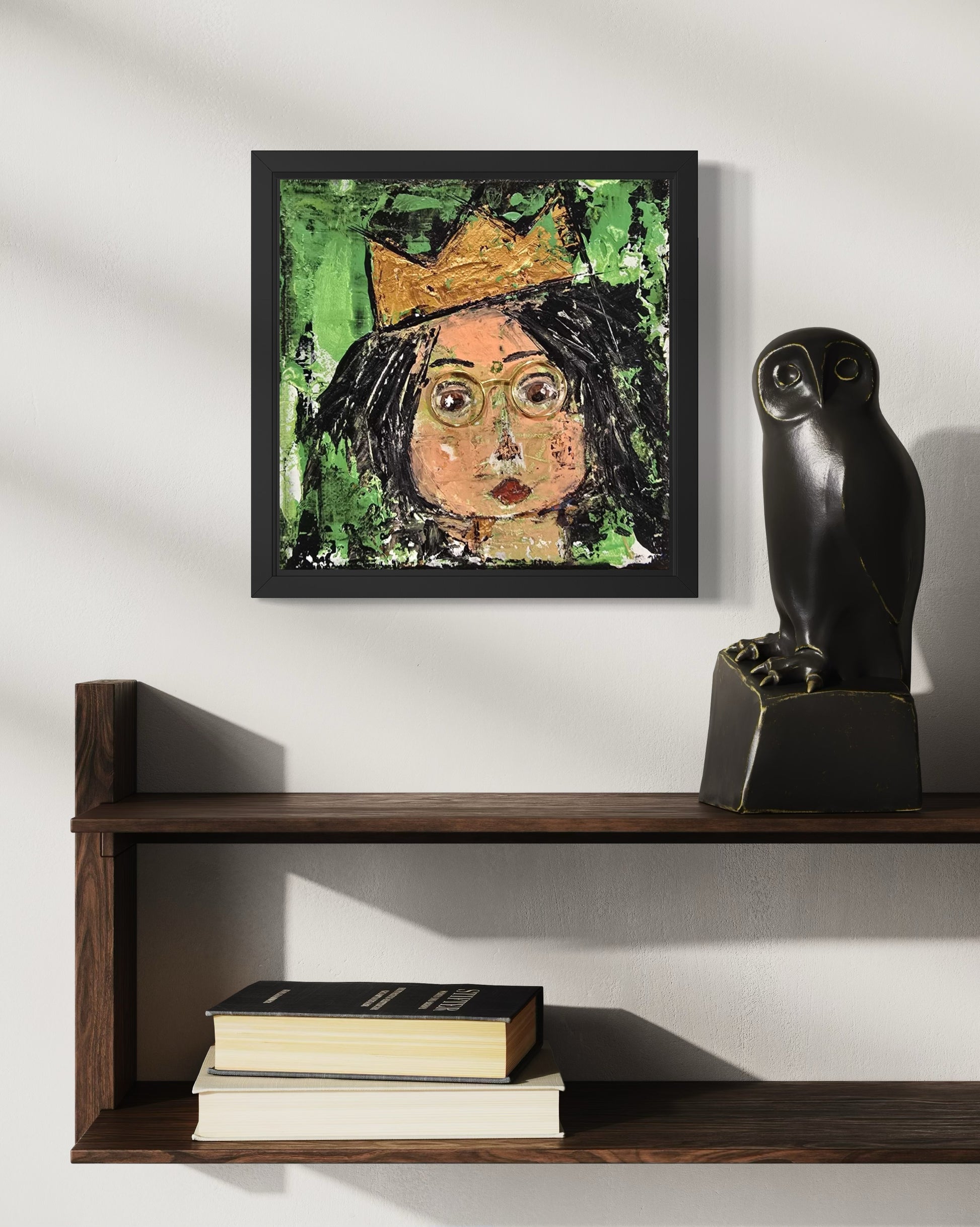 Dalla myndlist, Untitled. Framed abstract artwork on a wall above a wooden shelf with books and a sculpture.