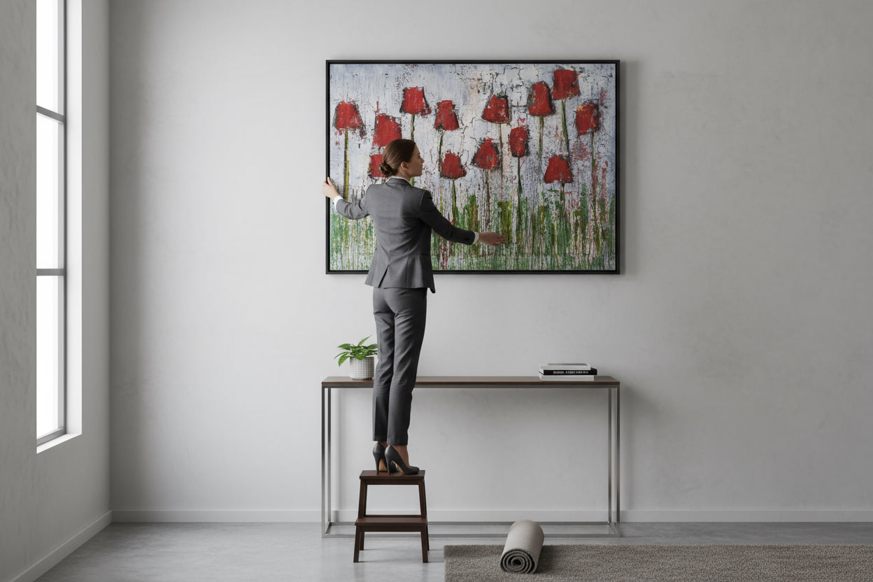Dalla, Untitled. Person adjusting a large framed artwork on a wall