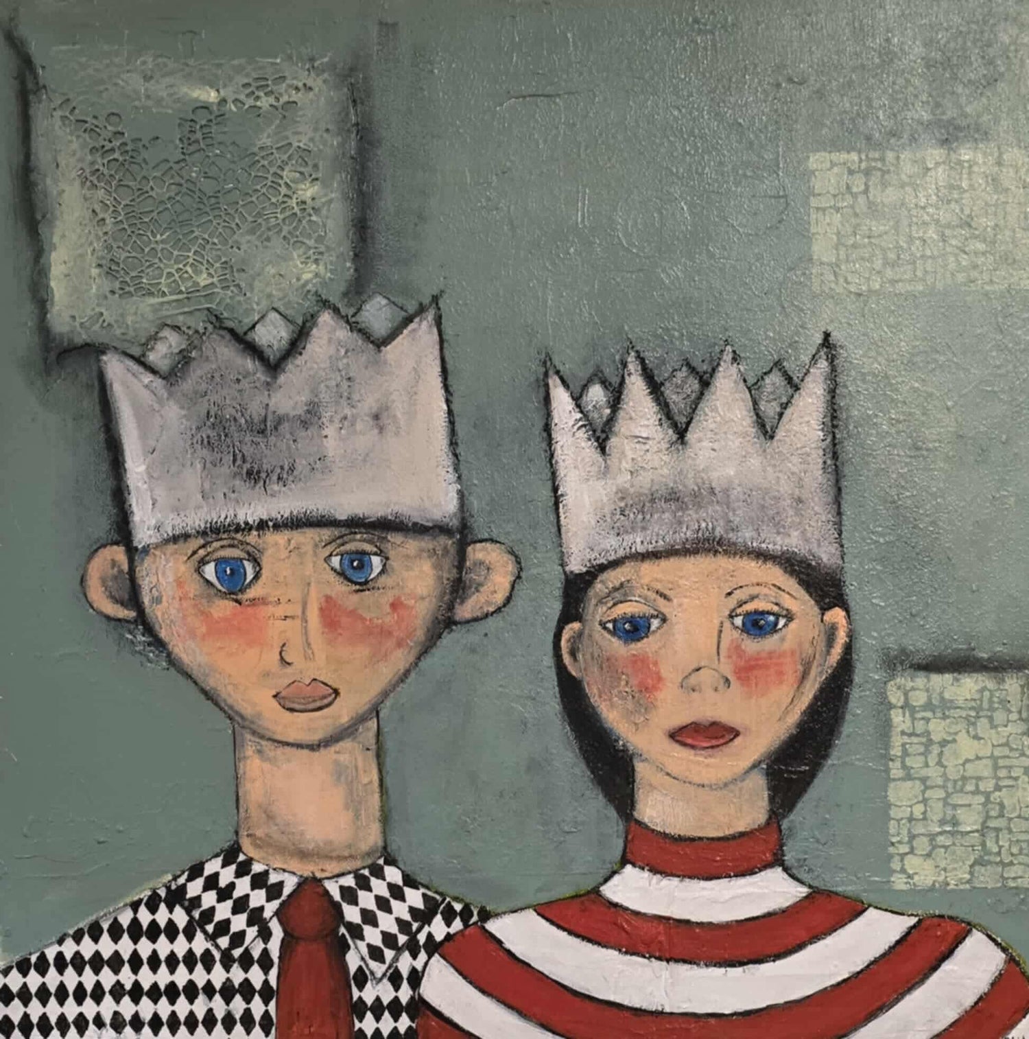 Dalla, Untitled. An acrylic painting. Two people depicted with crowns and multi coloured patterned clothes.
