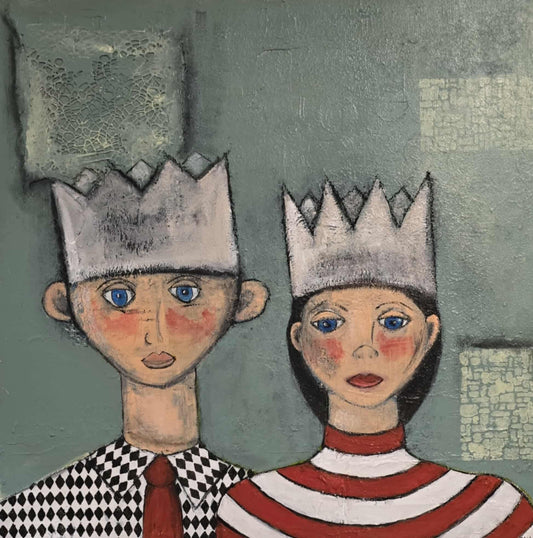 Dalla, Untitled. An acrylic painting. Two people depicted with crowns and multi coloured patterned clothes.