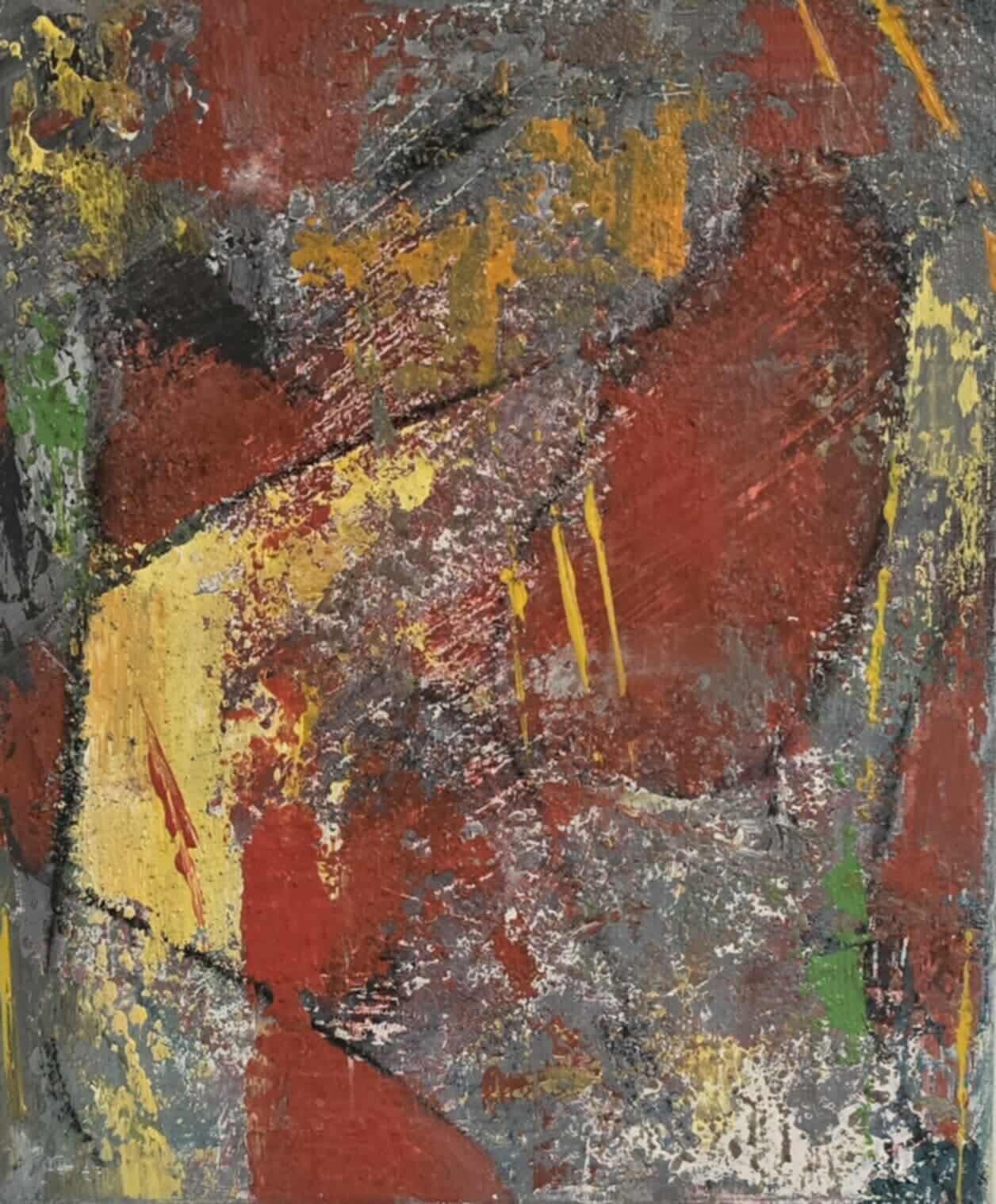 Dalla myndlist, Untitled. Abstract art piece with a mix of red, yellow, and gray colors.