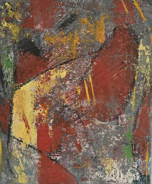 Dalla myndlist, Untitled. Abstract art piece with a mix of red, yellow, and gray colors.
