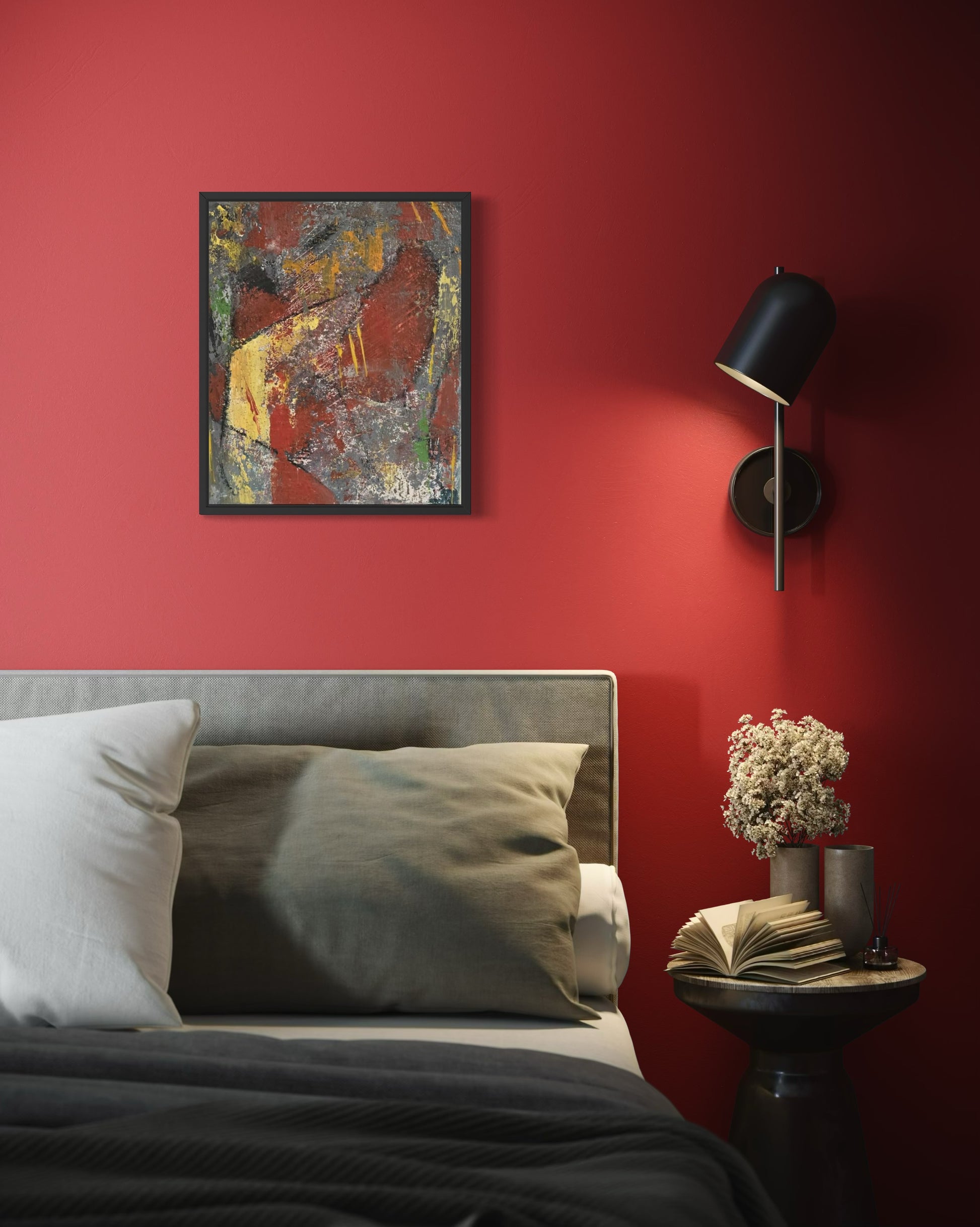 Dalla myndlist, Untitled. Bedroom with red wall, abstract painting, and side table with lamp and books.
