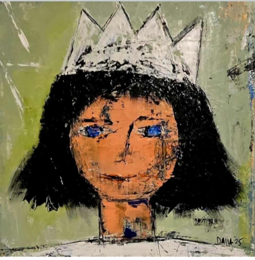 Dalla myndlist, Untitled. Abstract artwork of a face with a crown on a textured background.