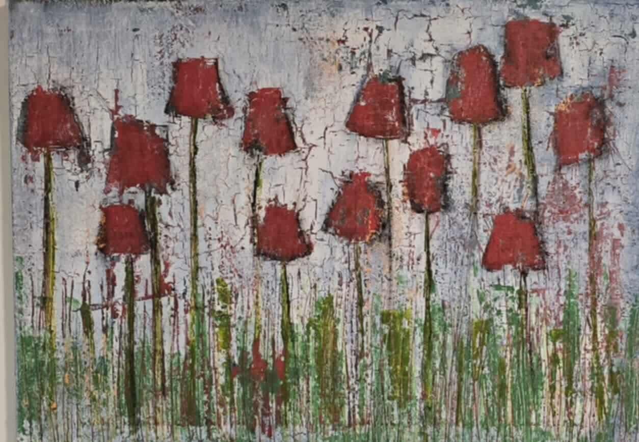 Dalla myndlist, Untitled. Abstract paining depicting red tulips on a textured background.