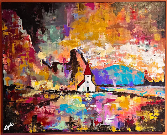Abstract painting of the Icelandic village Vík í Mýrdal