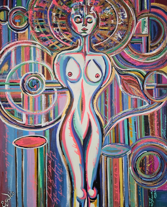 Colorful abstract artwork of a nude figure with geometric patterns